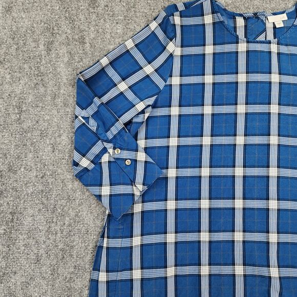 J Jill Top Women Large Blue Plaid 3/4 Sleeve Tunic Slit Back Button Shirt Blouse - Picture 9 of 14